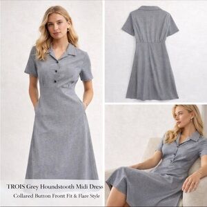 TROIS Imogen Grey Houndstooth Fit & Flare Midi Dress Button Front 25204